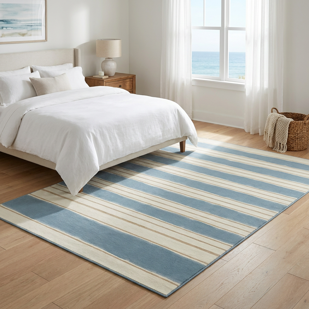 Coastal Stripe Area Rug — Machine Washable, Blue & White Striped