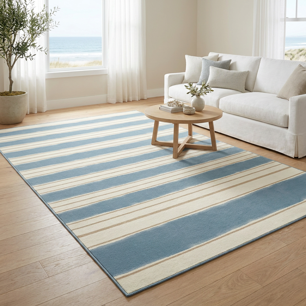 Coastal Stripe Area Rug — Machine Washable, Blue & White Striped