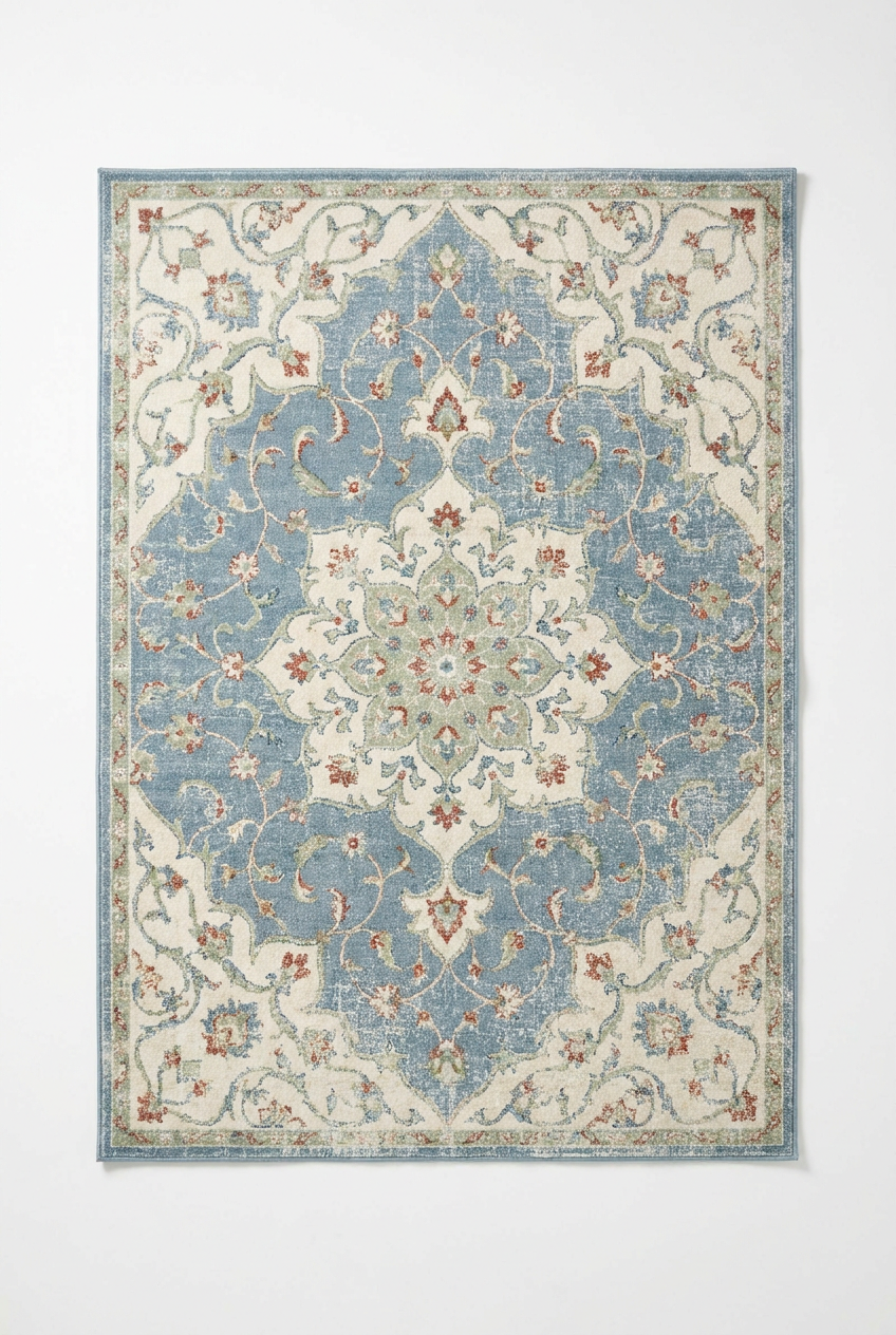 Vintage Distressed Floral Area Rug — Machine Washable, Antique Blue Medallion
