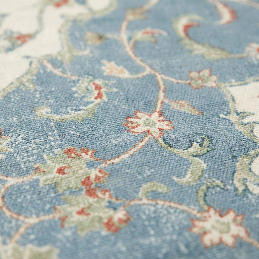 Vintage Distressed Floral Area Rug — Machine Washable, Antique Blue Medallion
