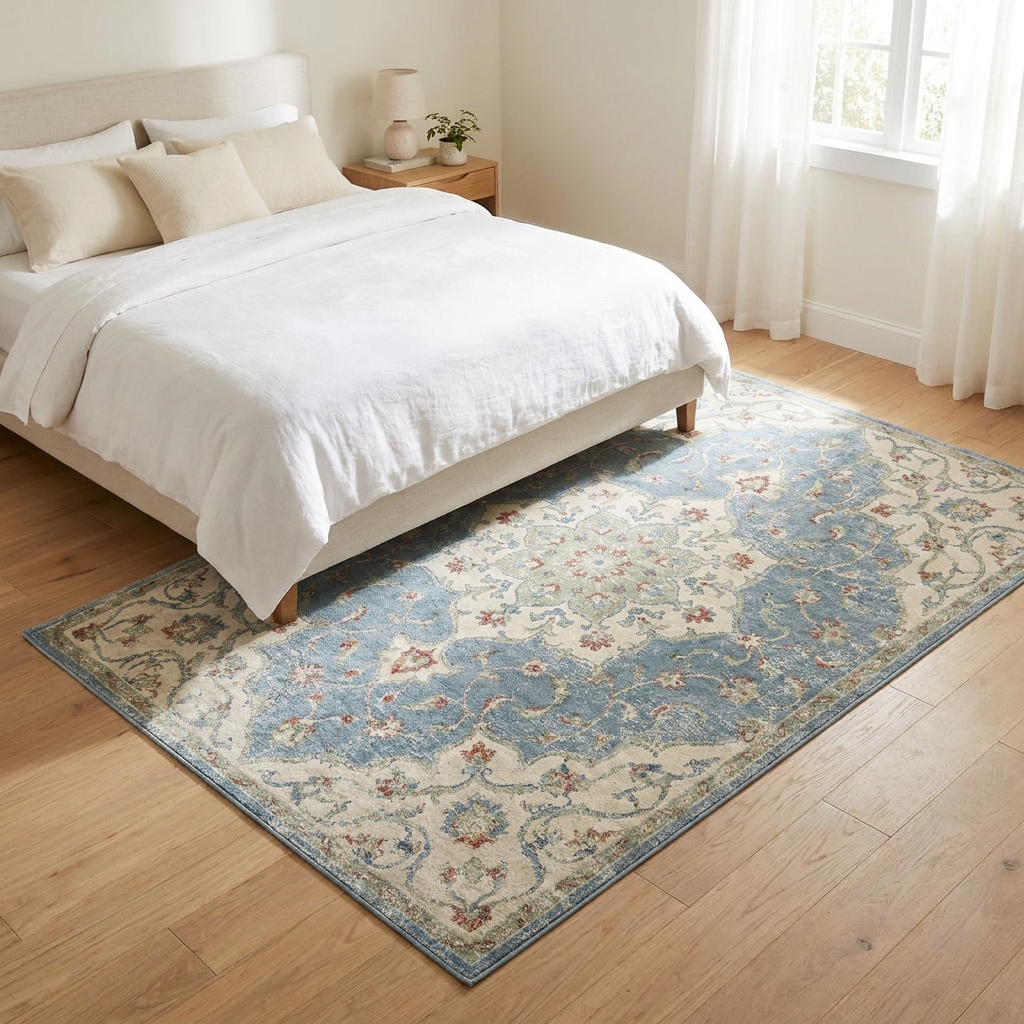 Vintage Distressed Floral Area Rug — Machine Washable, Antique Blue Medallion