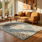 Vintage Distressed Floral Area Rug — Machine Washable, Antique Blue Medallion