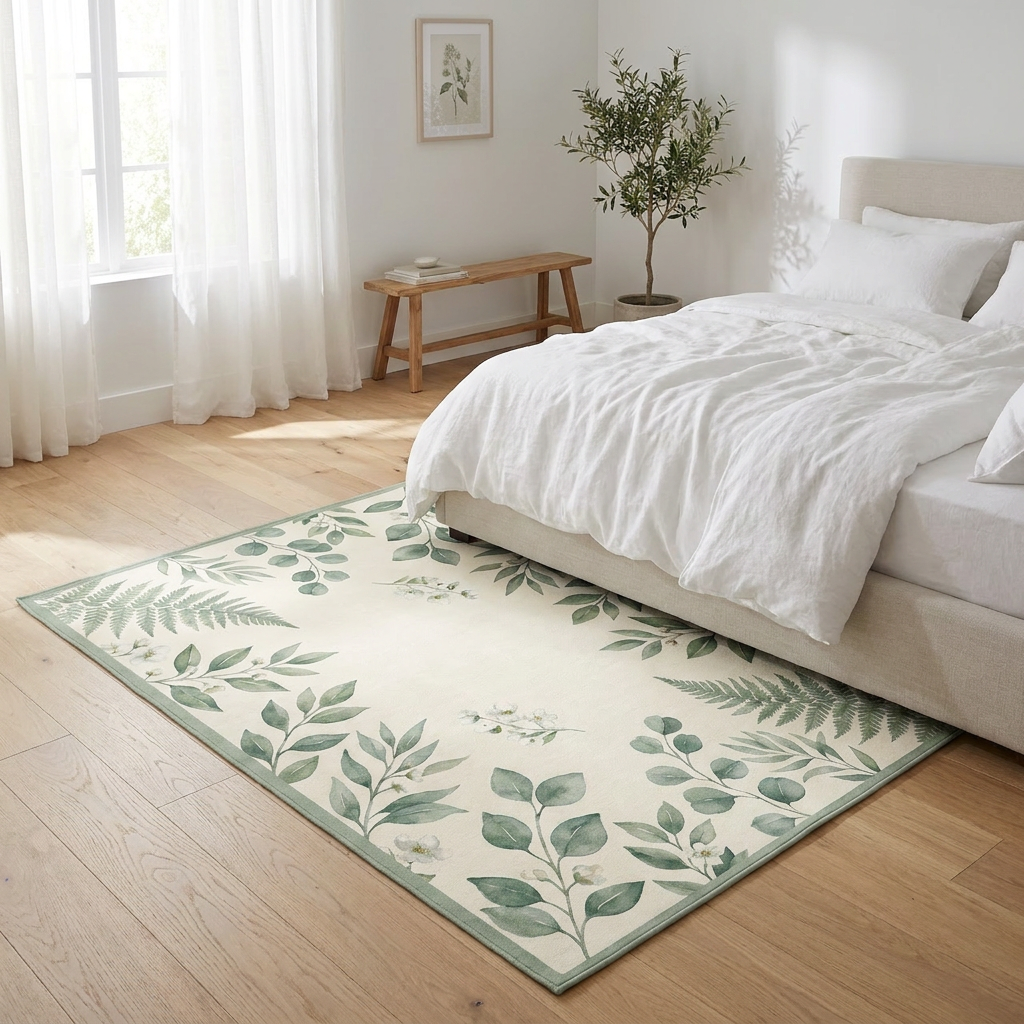 Sage Garden Botanical Area Rug — Machine Washable, Fern Leaf Pattern