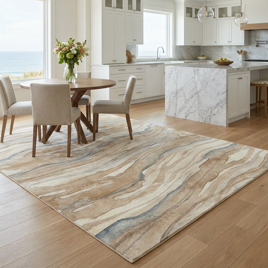 Driftwood Abstract Area Rug — Machine Washable, Warm Beige & Grey