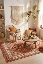 Terracotta Boho Medallion Area Rug — Machine Washable, Bohemian Geometric