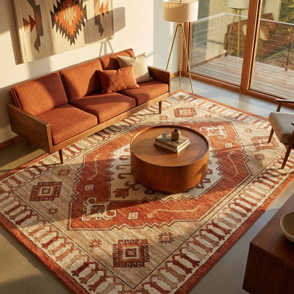 Terracotta Boho Medallion Area Rug — Machine Washable, Bohemian Geometric