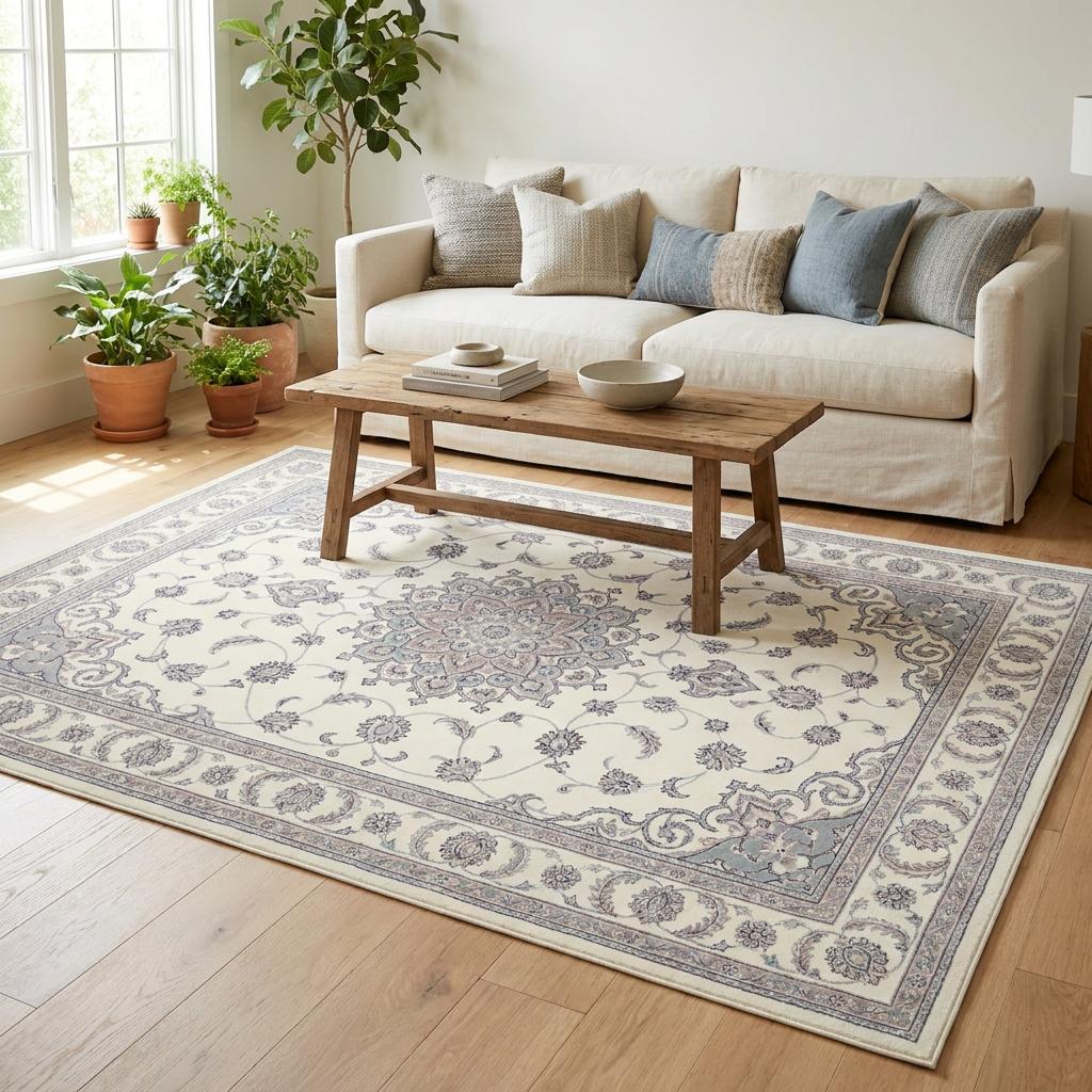 Cream Persian Medallion Area Rug — Machine Washable, Traditional Ornament