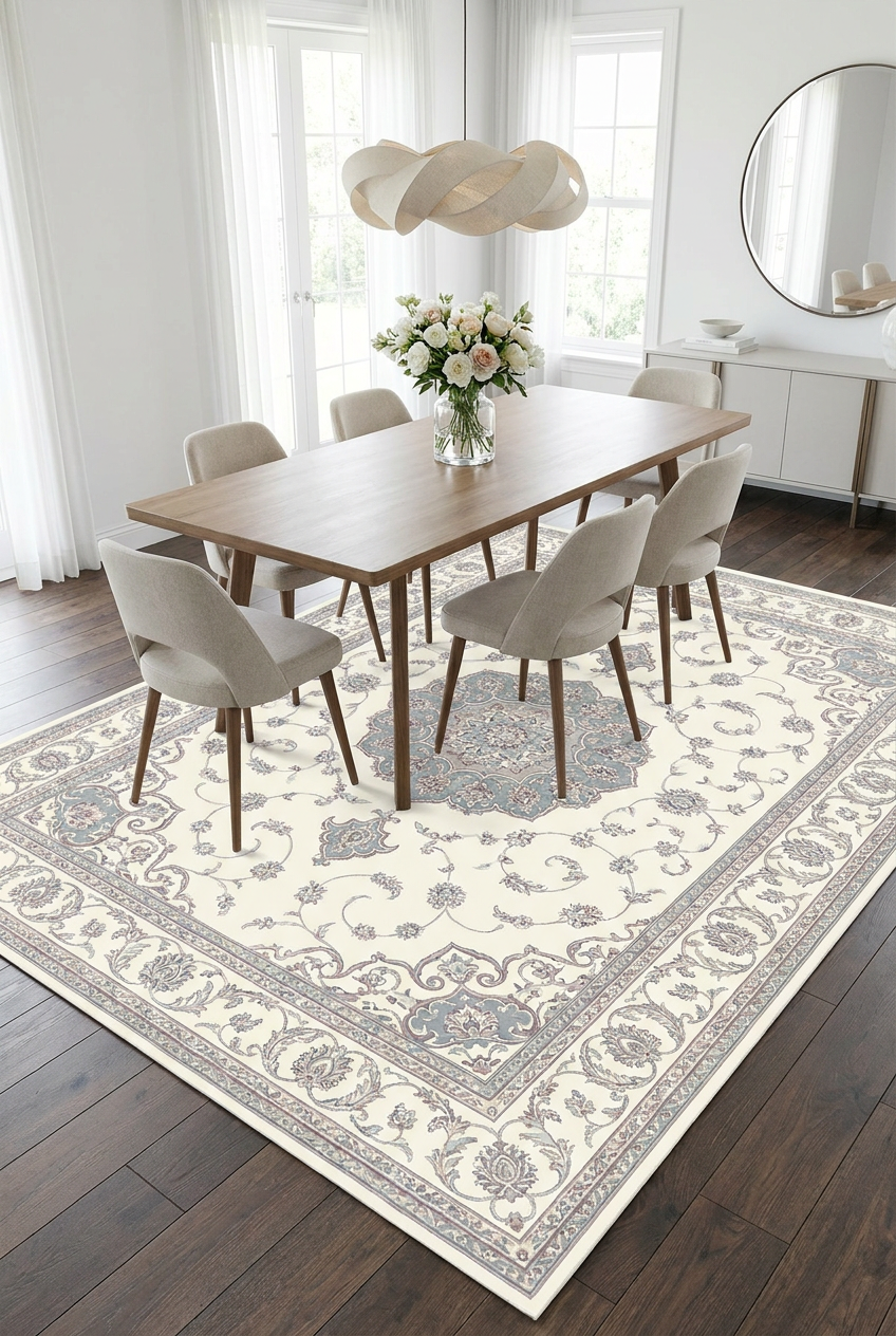Cream Persian Medallion Area Rug — Machine Washable, Traditional Ornament