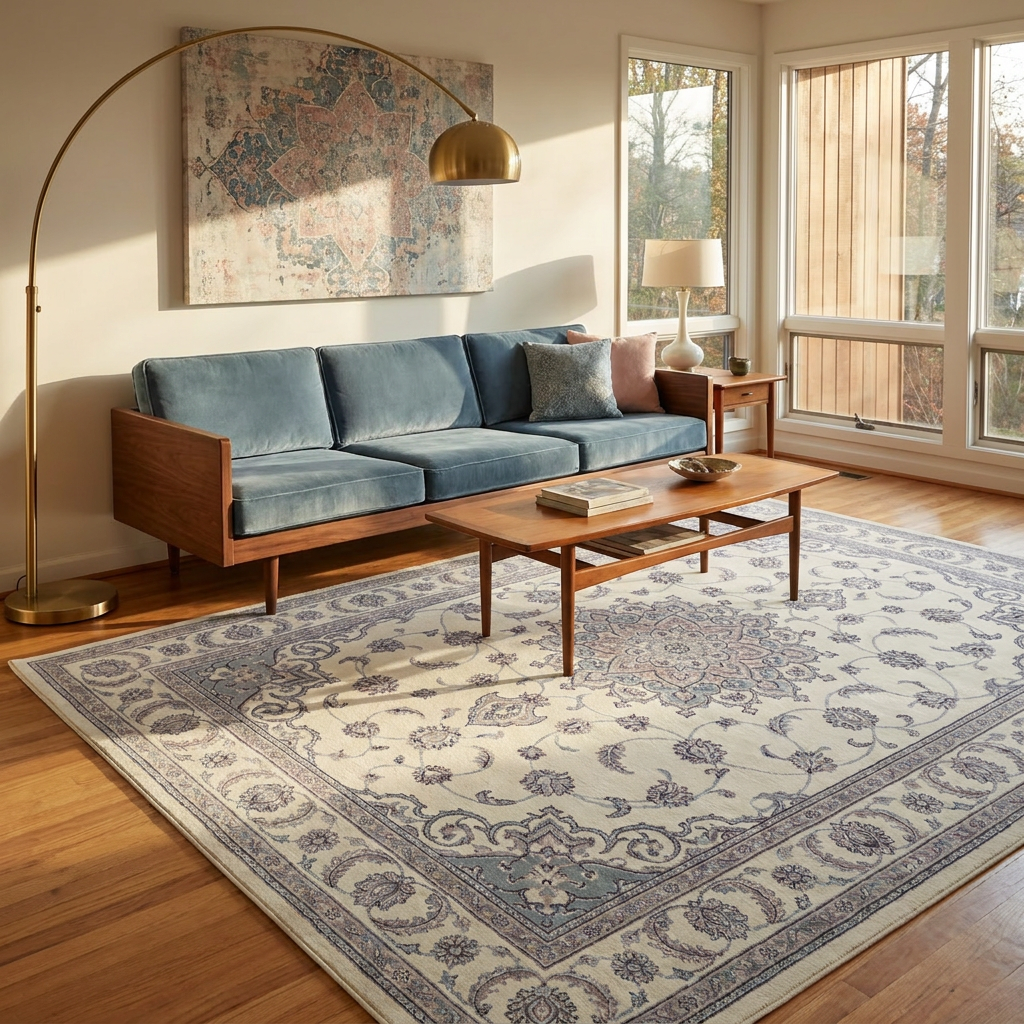 Cream Persian Medallion Area Rug — Machine Washable, Traditional Ornament