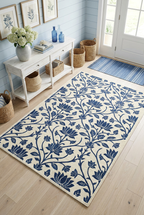 Indigo Floral Trellis Area Rug — Machine Washable, Blue Trellis Pattern