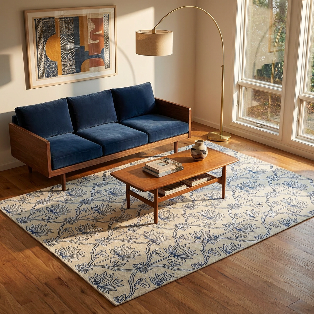 Indigo Floral Trellis Area Rug — Machine Washable, Blue Trellis Pattern