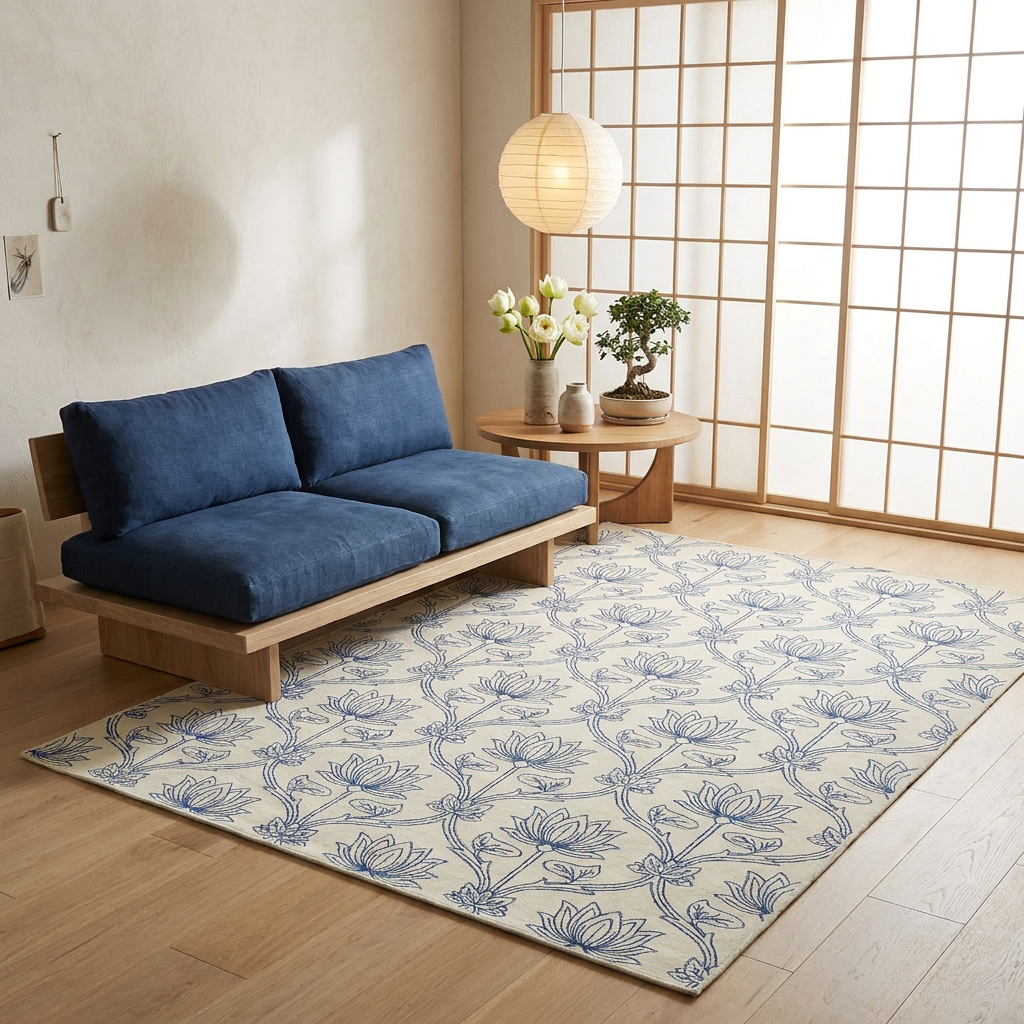Indigo Floral Trellis Area Rug — Machine Washable, Blue Trellis Pattern