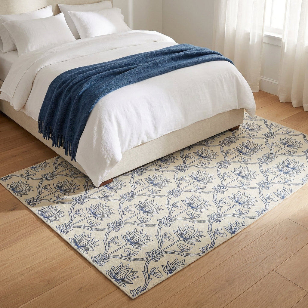 Indigo Floral Trellis Area Rug — Machine Washable, Blue Trellis Pattern