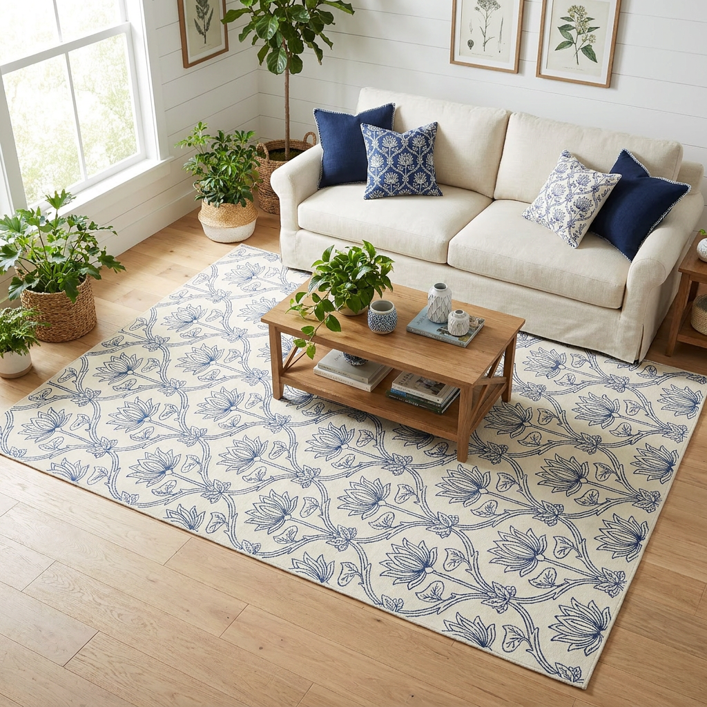 Indigo Floral Trellis Area Rug — Machine Washable, Blue Trellis Pattern