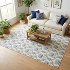 Indigo Floral Trellis Area Rug — Machine Washable, Blue Trellis Pattern