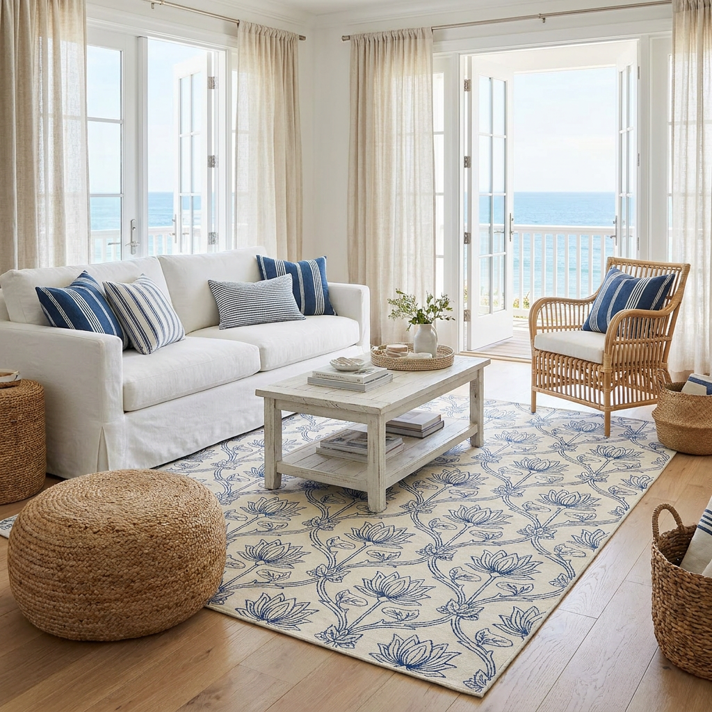 Indigo Floral Trellis Area Rug — Machine Washable, Blue Trellis Pattern