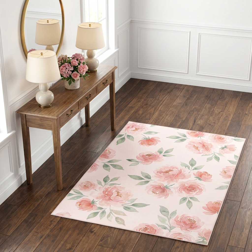 Blush Pink Watercolor Area Rug — Machine Washable, Romantic Floral