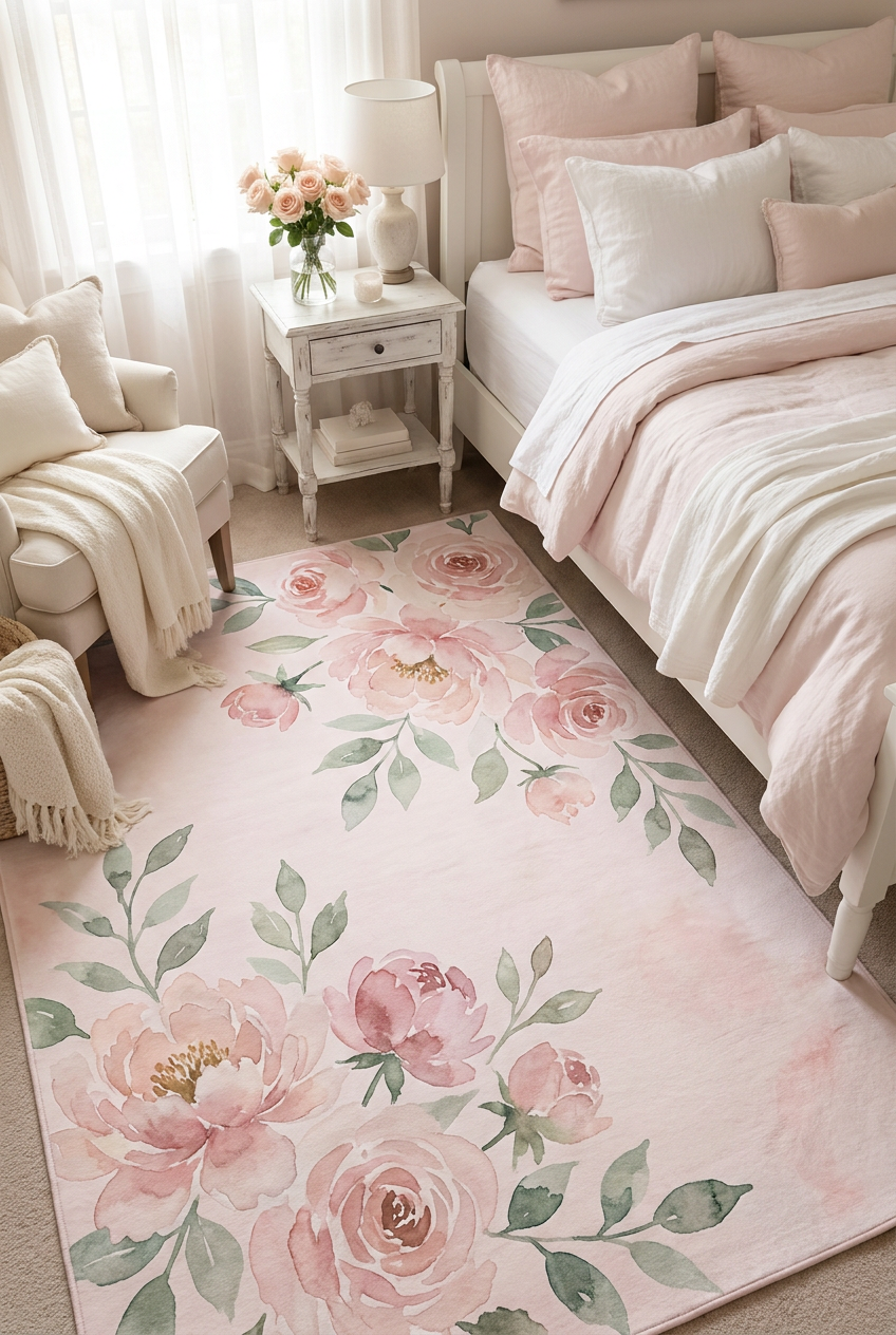 Blush Pink Watercolor Area Rug — Machine Washable, Romantic Floral