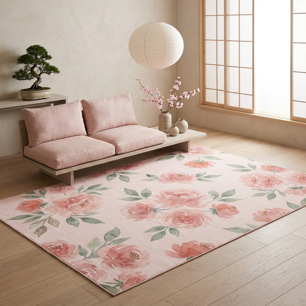 Blush Pink Watercolor Area Rug — Machine Washable, Romantic Floral