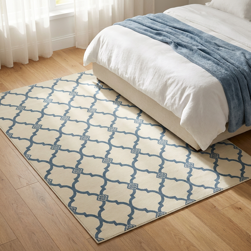 Dusty Blue Moroccan Area Rug — Machine Washable, Moroccan Quatrefoil