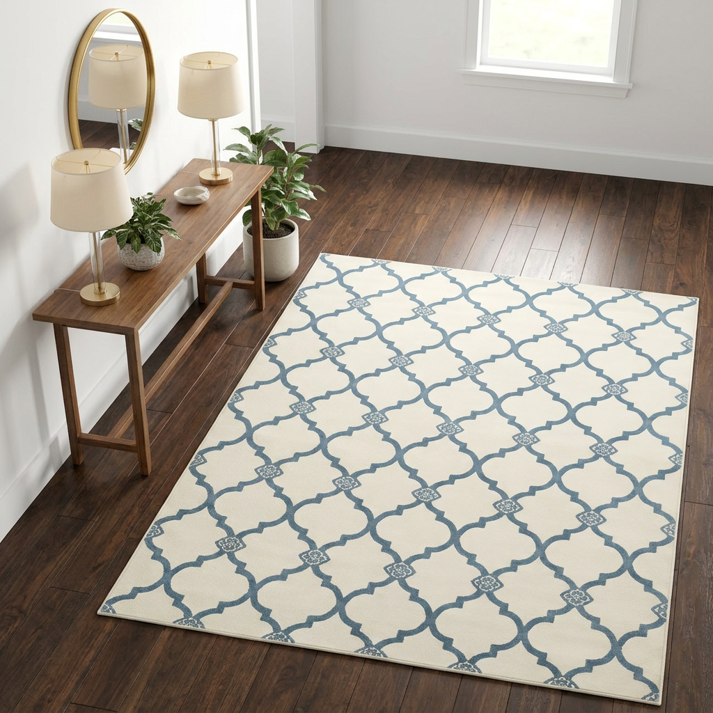 Dusty Blue Moroccan Area Rug — Machine Washable, Moroccan Quatrefoil