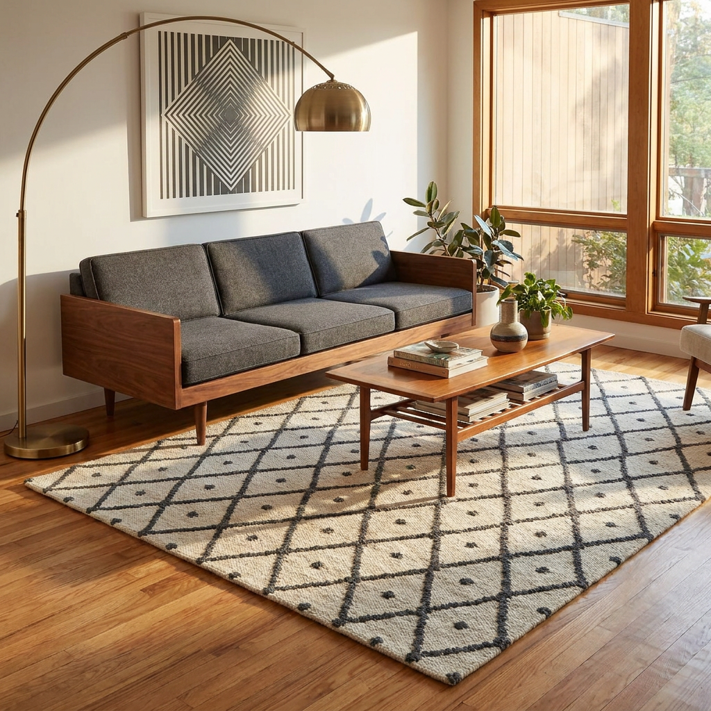 Cream Geometric Diamond Area Rug — Machine Washable, Diamond Lattice