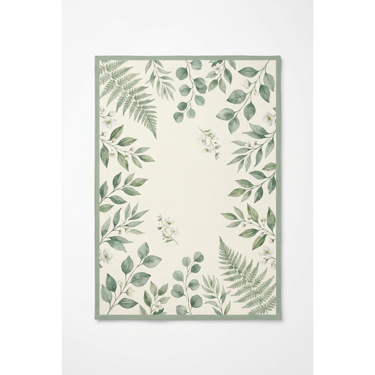 Sage Garden Botanical Area Rug — Machine Washable, Fern Leaf Pattern