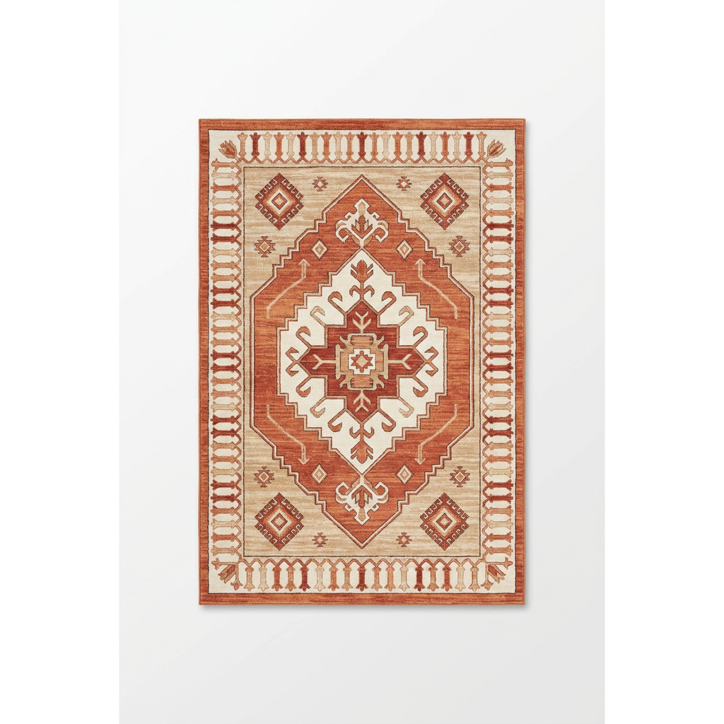 Terracotta Boho Medallion Area Rug — Machine Washable, Bohemian Geometric