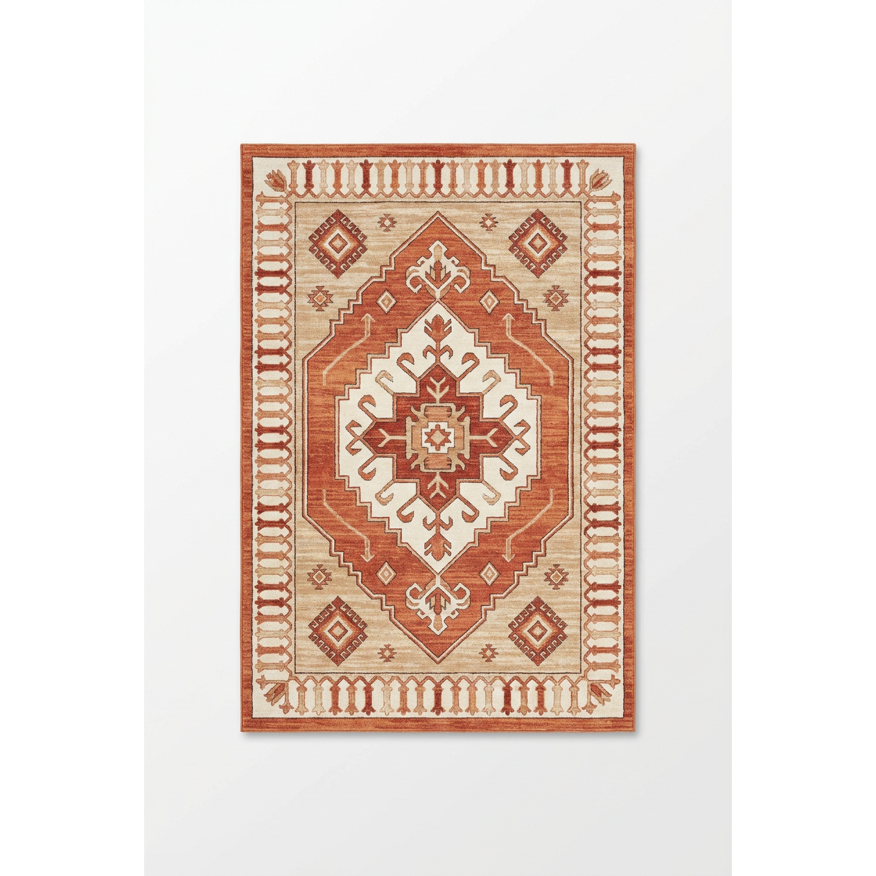 Terracotta Boho Medallion Area Rug — Machine Washable, Bohemian Geometric