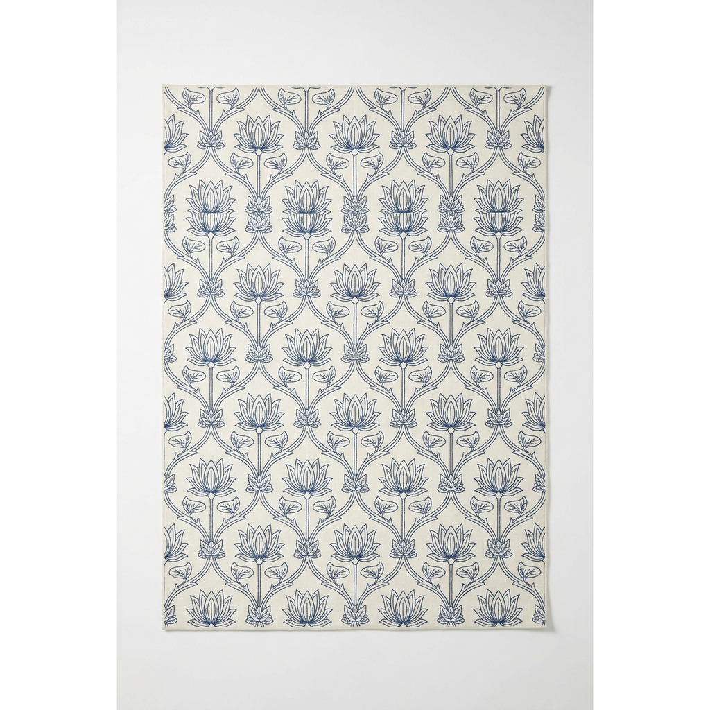 Indigo Floral Trellis Area Rug — Machine Washable, Blue Trellis Pattern