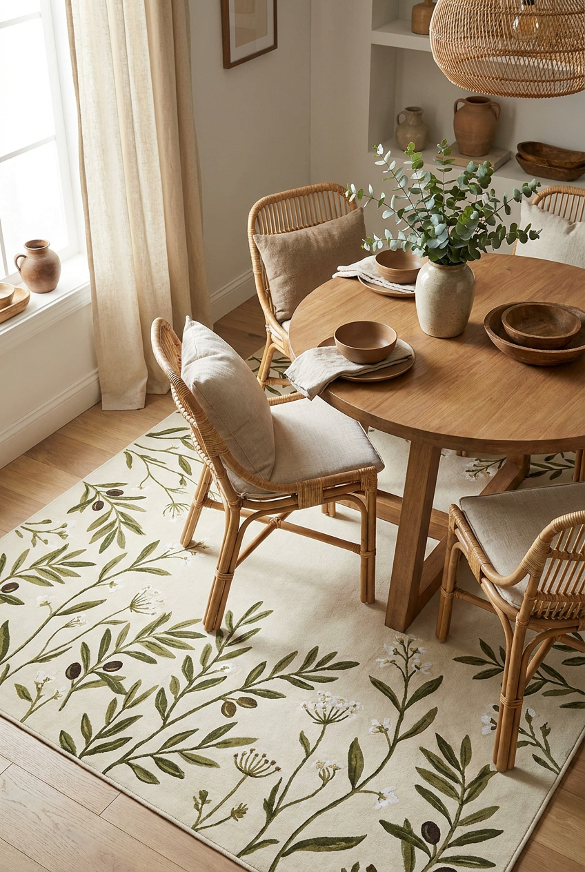 Olive Botanical Vine Area Rug — Machine Washable, Olive Leaf Trail