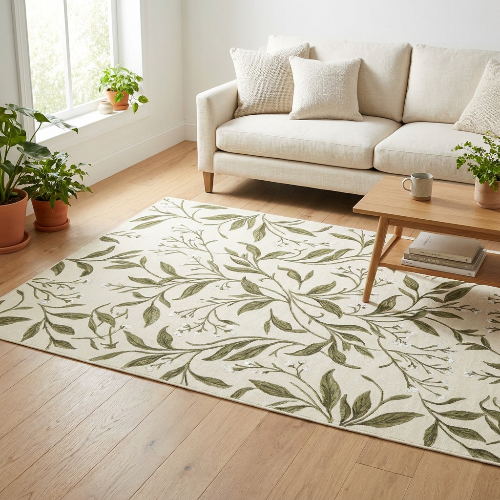 Olive Botanical Vine Area Rug — Machine Washable, Olive Leaf Trail