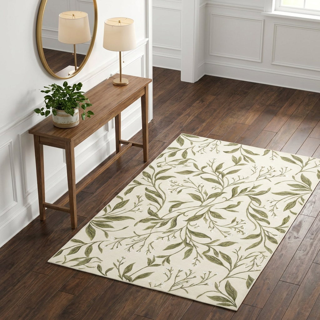 Olive Botanical Vine Area Rug — Machine Washable, Olive Leaf Trail