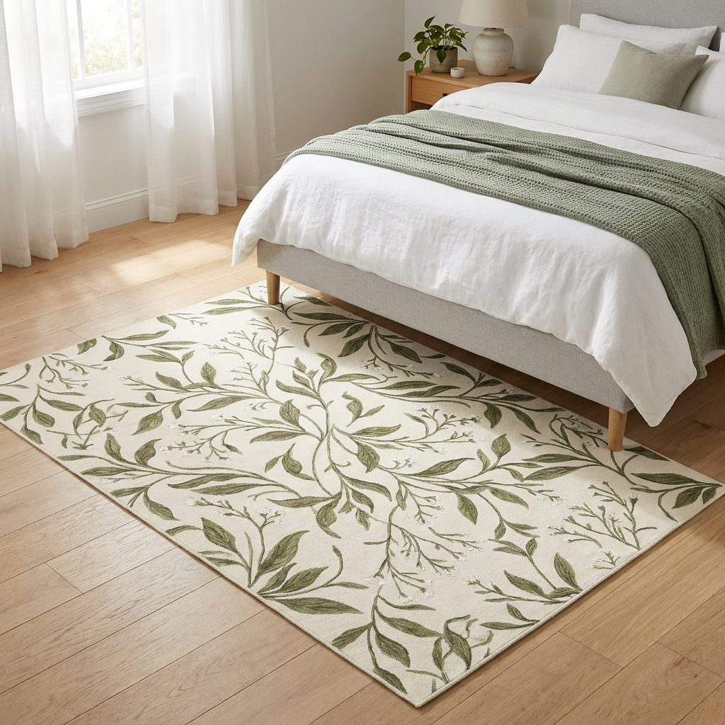 Olive Botanical Vine Area Rug — Machine Washable, Olive Leaf Trail